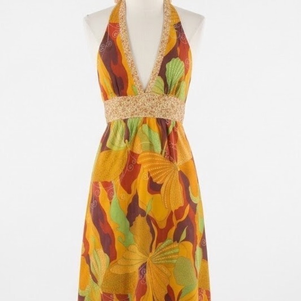 Y2K Vtg 70s Style Psychedelic Butterfly Halter Cottagecore Maxi Dress Boho S/M